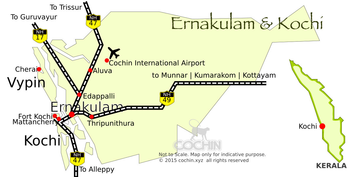 Ernakulam City location map. Kochi is located on the western side of Ernakulam, facing the Arabian Sea.