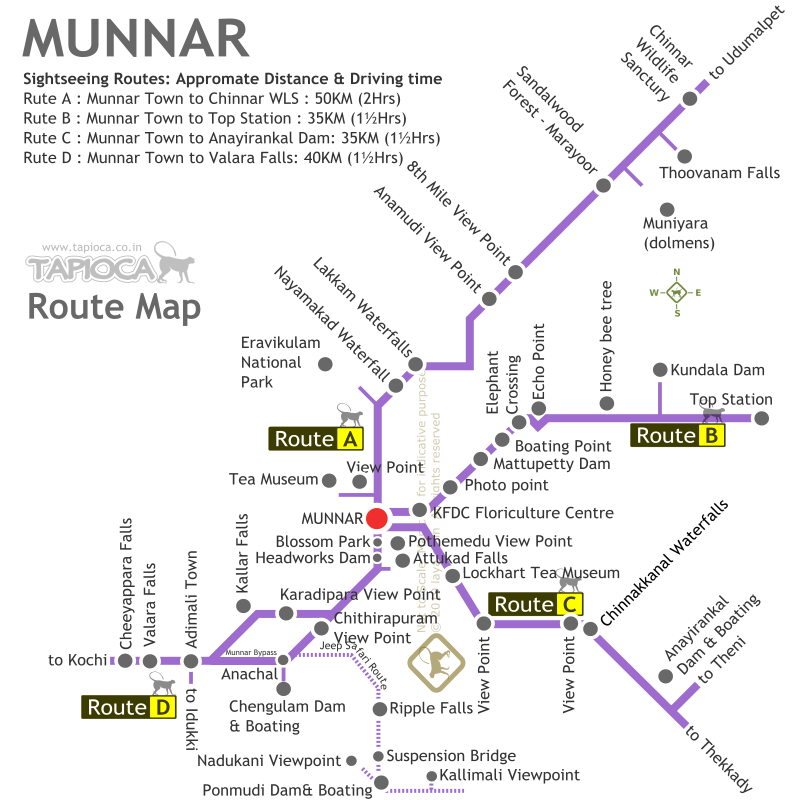 Driving direction and approximate distance to Dream Catcher and the Camellia And Elettaria twin Resorts from Munnar, Cochin & Madurai
