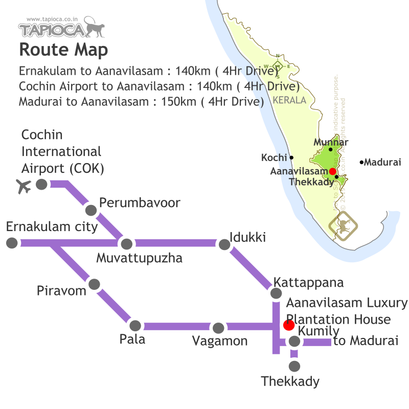 Ernakulam to Aanavilasam : 140km ( 4Hr Drive)
Cochin Airport to Aanavilasam : 140km ( 4Hr Drive)
Madurai to Aanavilasam : 150km ( 4Hr Drive)